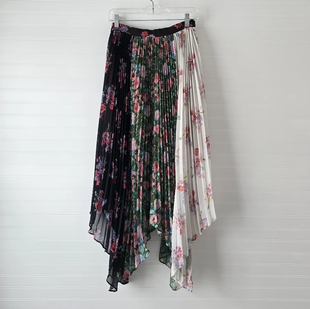 Amur Mica Skirt Tri Color Floral Pleated Hankerchief Hem Midi Skirt 4